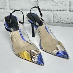 Zara Maximalist Snake Skin Vinyl Slingback Heels Yellow Blue Animal Print Sz 37